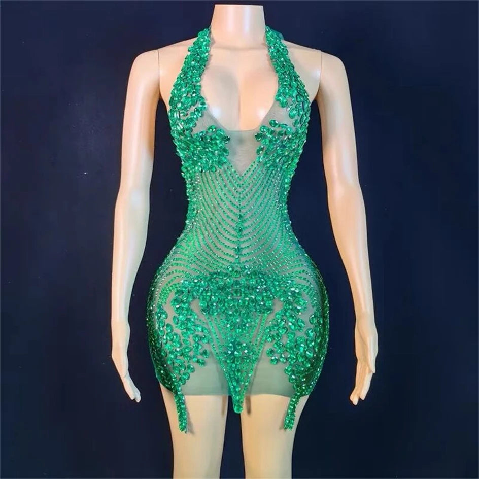 Flashing Rhinestones Pink Sexy Halter Backless Transparent Sheath Mini Dress Birthday Celebrate Costume Women Dancer Prom Outfit