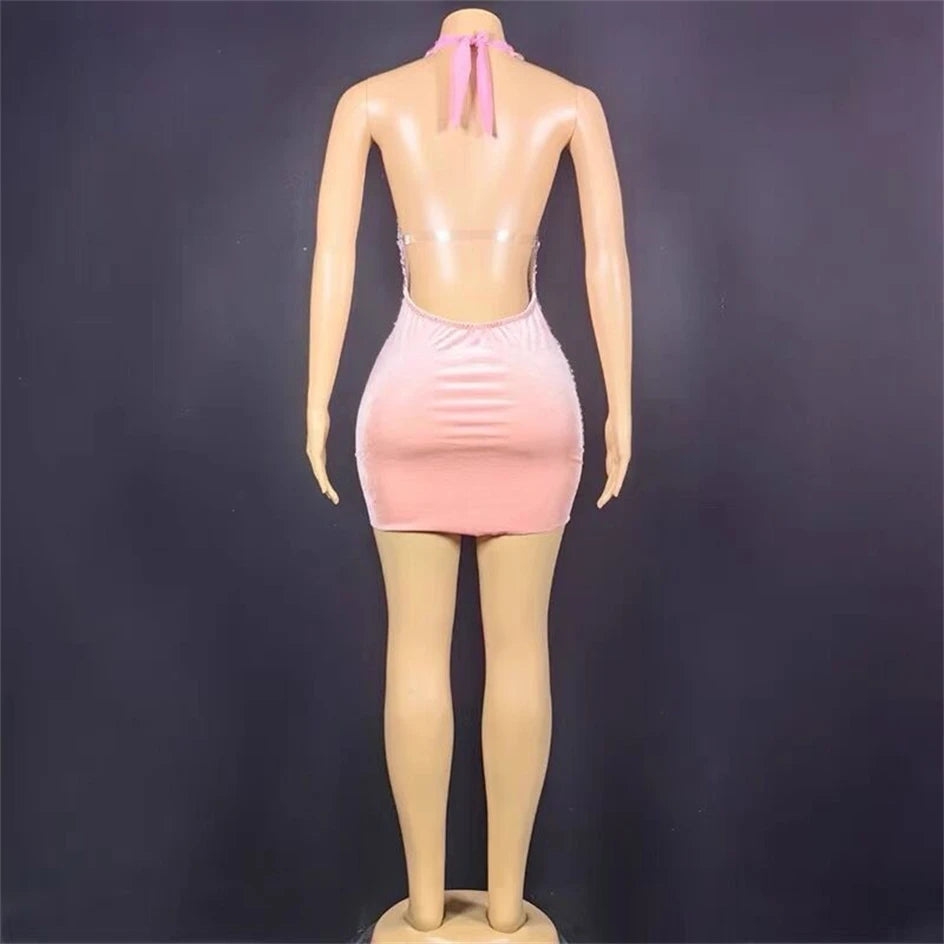 Flashing Rhinestones Pink Sexy Halter Backless Transparent Sheath Mini Dress Birthday Celebrate Costume Women Dancer Prom Outfit