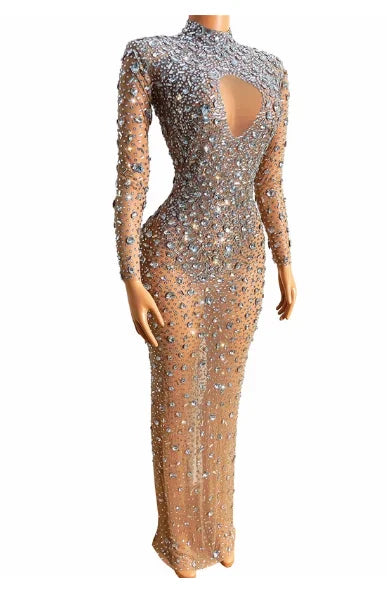Flashing Silver Crystals Stones Sexy Transparent Long Dress Evening Birthday Celebrate Mesh Stretch Dance Long Sleeves Dress