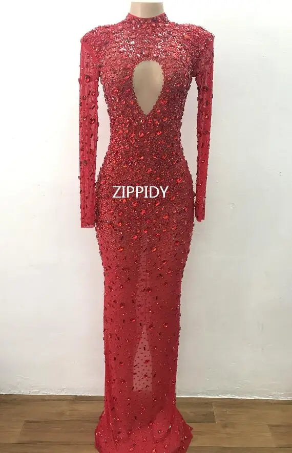 Flashing Silver Crystals Stones Sexy Transparent Long Dress Evening Birthday Celebrate Mesh Stretch Dance Long Sleeves Dress