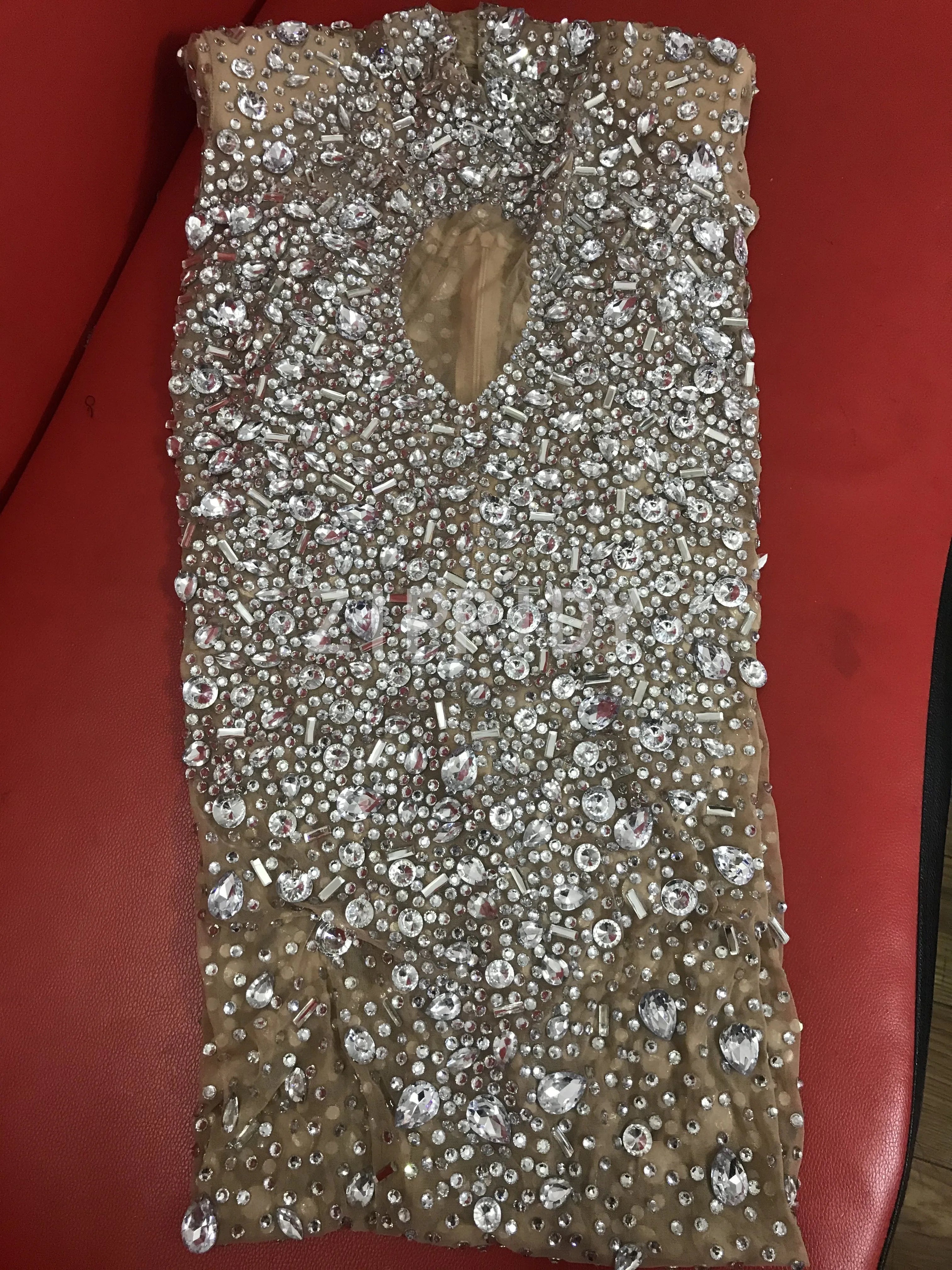 Flashing Silver Crystals Stones Sexy Transparent Long Dress Evening Birthday Celebrate Mesh Stretch Dance Long Sleeves Dress