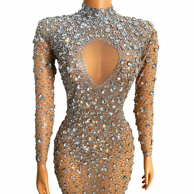 Flashing Silver Crystals Stones Sexy Transparent Long Dress Evening Birthday Celebrate Mesh Stretch Dance Long Sleeves Dress