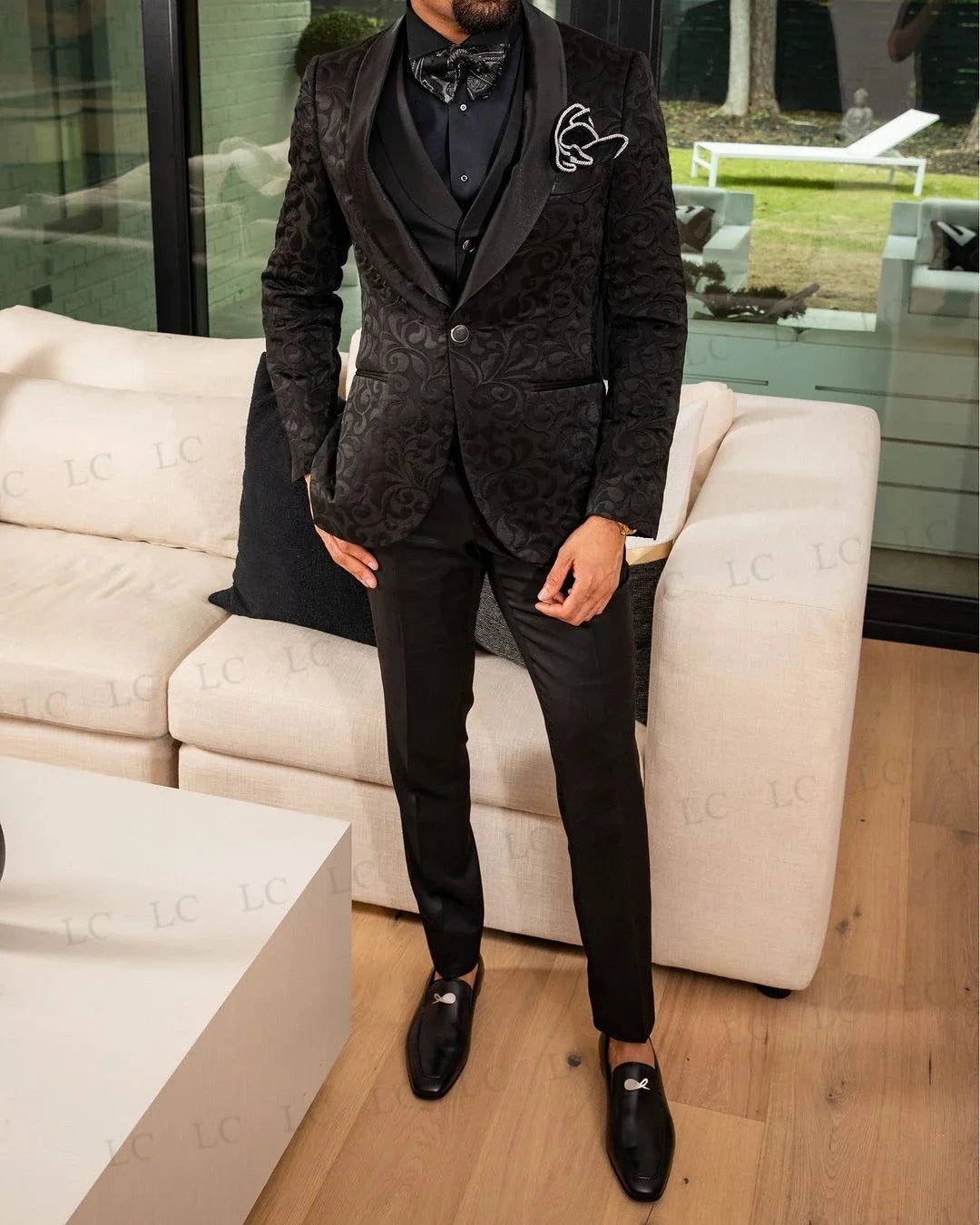 Floral Jacquard Slim Fit Wedding Groom Men Suits 3 Piece Blazer Vest Pants One Button Tuxedo Formal Prom Plus Size Tailored