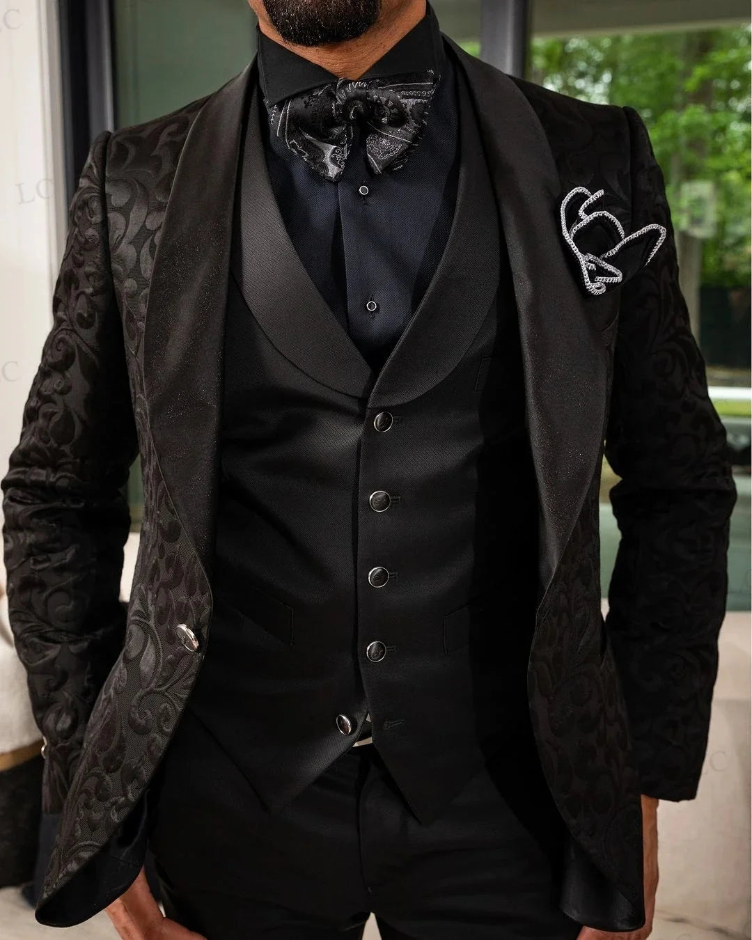 Floral Jacquard Slim Fit Wedding Groom Men Suits 3 Piece Blazer Vest Pants One Button Tuxedo Formal Prom Plus Size Tailored