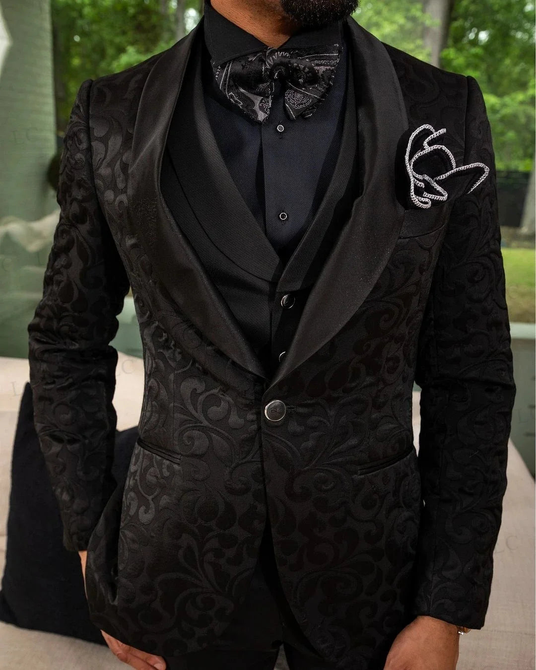 Floral Jacquard Slim Fit Wedding Groom Men Suits 3 Piece Blazer Vest Pants One Button Tuxedo Formal Prom Plus Size Tailored