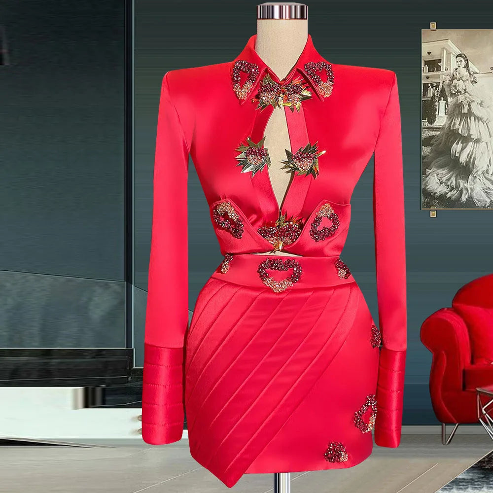 Floral Satin Prom Dresses for Wedding Gowns Short Pleats Beading Full Sleeves 2 Pieces Mini Cocktail Party Dress Pencil
