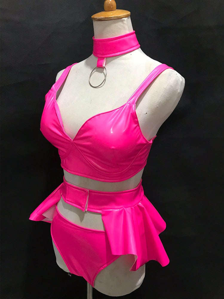 Fluorescent Color Nightclub Bikini Performance Clothing Suit Rave Outfits Bar Dj Dancer Stage Wear Pole Dance Costume 