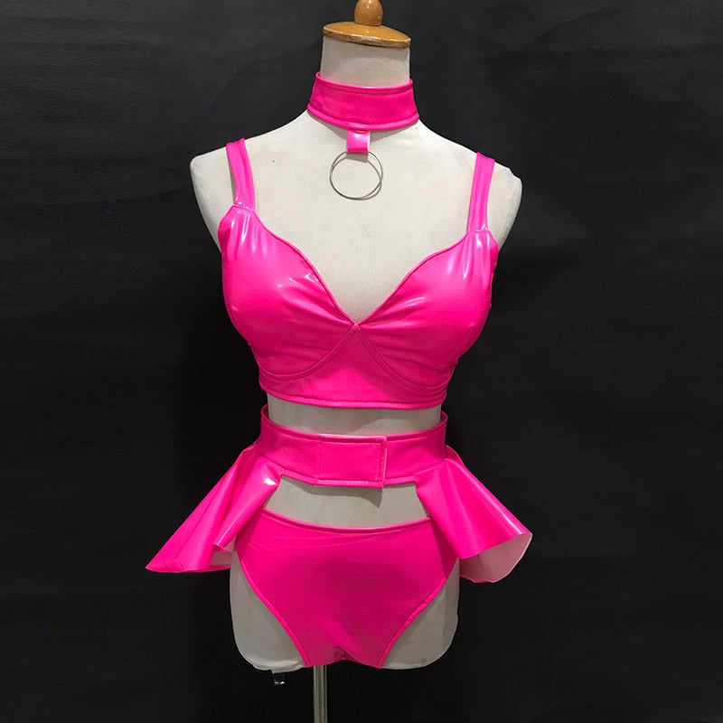 Fluorescent Color Nightclub Bikini Performance Clothing Suit Rave Outfits Bar Dj Dancer Stage Wear Pole Dance Costume 