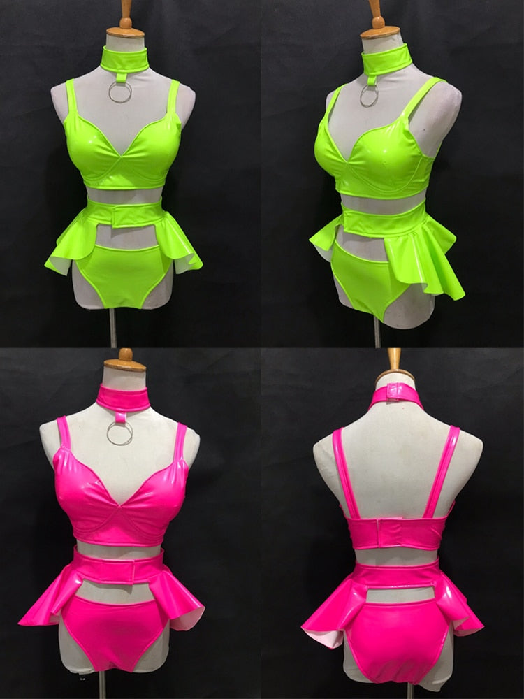 Fluorescent Color Nightclub Bikini Performance Clothing Suit Rave Outfits Bar Dj Dancer Stage Wear Pole Dance Costume 