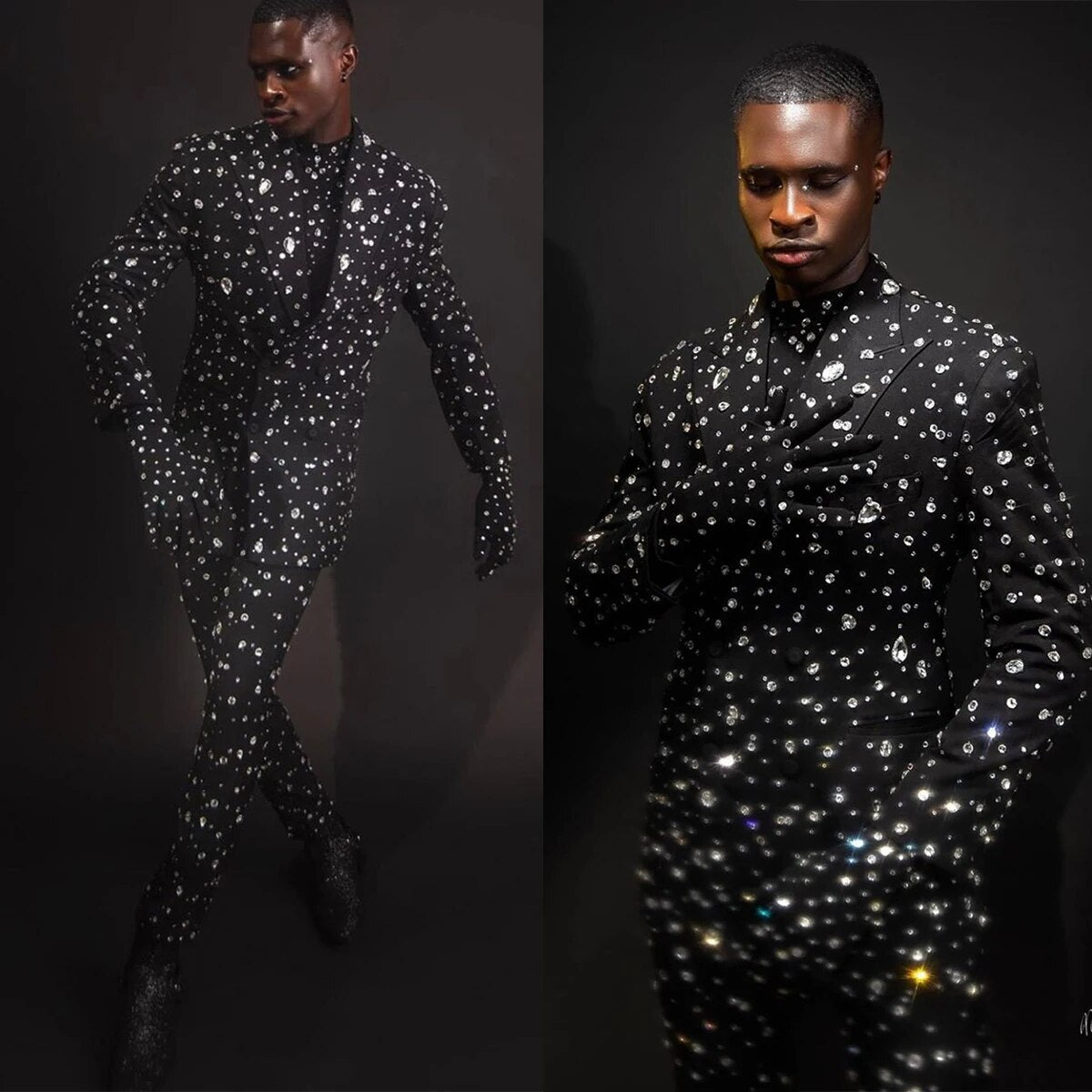 Full Crystal Tuxedos For Men Wedding Slim Fit Gorgeous Tailored Peaked Lapel Jacket 2 Pieces Male Costume