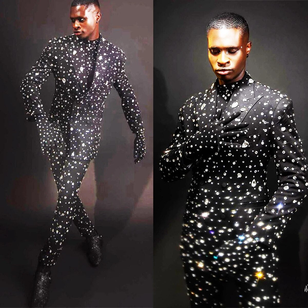 Full Crystal Tuxedos For Men Wedding Slim Fit Gorgeous Tailored Peaked Lapel Jacket 2 Pieces Male Costume