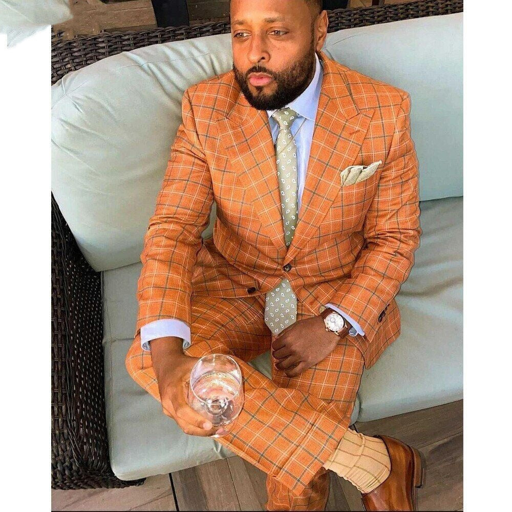 Gentle Orange Plaid Men Suit 2 Pieces Slim Fit Tailor-Made Blazer Pants Single Breasted Wedding Groom Work Causal Tailored