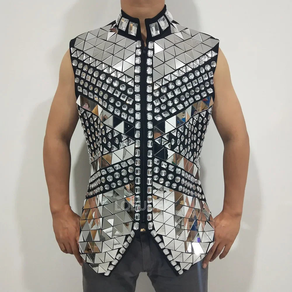 Glitter Mirror Rhinestone Waistcoat Sequin Crystal Vest Coat for Male Singer Bar Concert Stage Performance Drummer Dance Costume