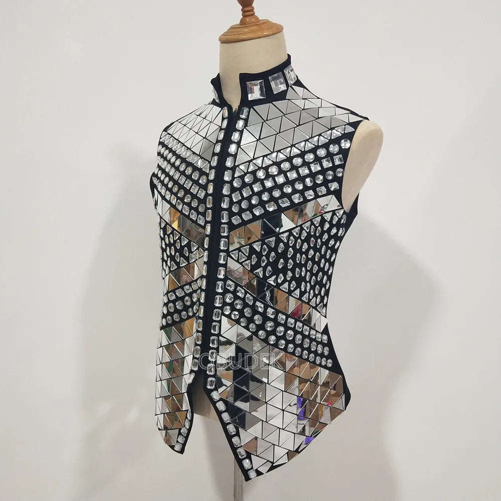 Glitter Mirror Rhinestone Waistcoat Sequin Crystal Vest Coat for Male Singer Bar Concert Stage Performance Drummer Dance Costume