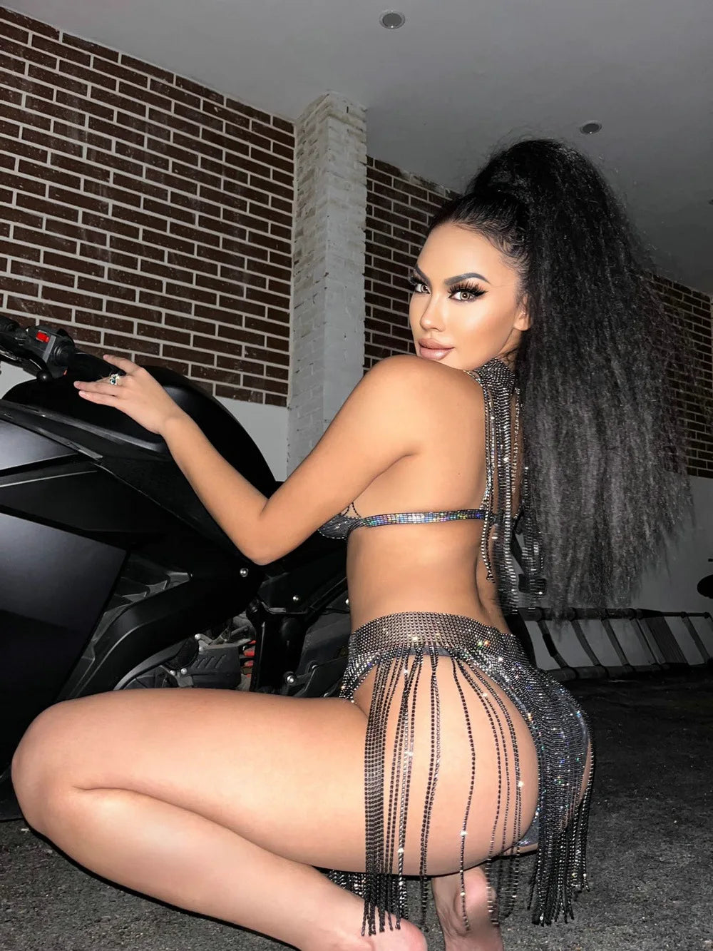 Glitter Tassel Skirt Two Piece Set Women Outfits Rhinestone Night Club Party Wear Rave Festival Sexy Lace Up Body Chain Suits