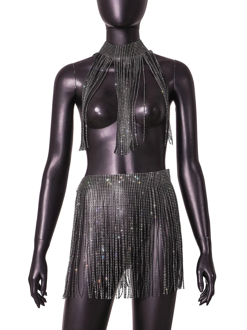 Glitter Tassel Skirt Two Piece Set Women Outfits Rhinestone Night Club Party Wear Rave Festival Sexy Lace Up Body Chain Suits
