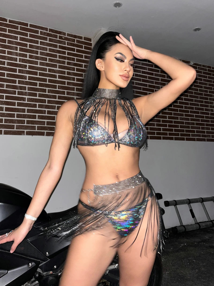 Glitter Tassel Skirt Two Piece Set Women Outfits Rhinestone Night Club Party Wear Rave Festival Sexy Lace Up Body Chain Suits
