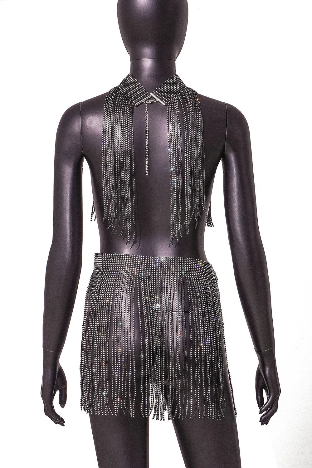 Glitter Tassel Skirt Two Piece Set Women Outfits Rhinestone Night Club Party Wear Rave Festival Sexy Lace Up Body Chain Suits