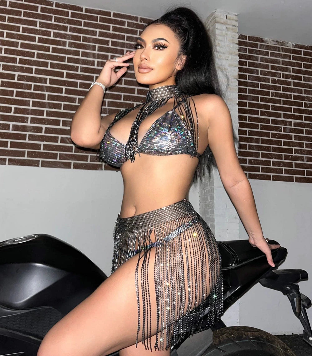 Glitter Tassel Skirt Two Piece Set Women Outfits Rhinestone Night Club Party Wear Rave Festival Sexy Lace Up Body Chain Suits