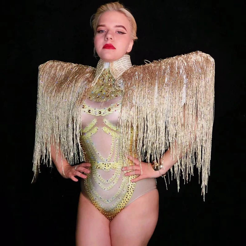 Gold Rhinestones Fringes Bodysuit 2 Pieces Set Dance Costume Women's Sexy Nightclub Bar Outfit Evening Stage Performance Wear