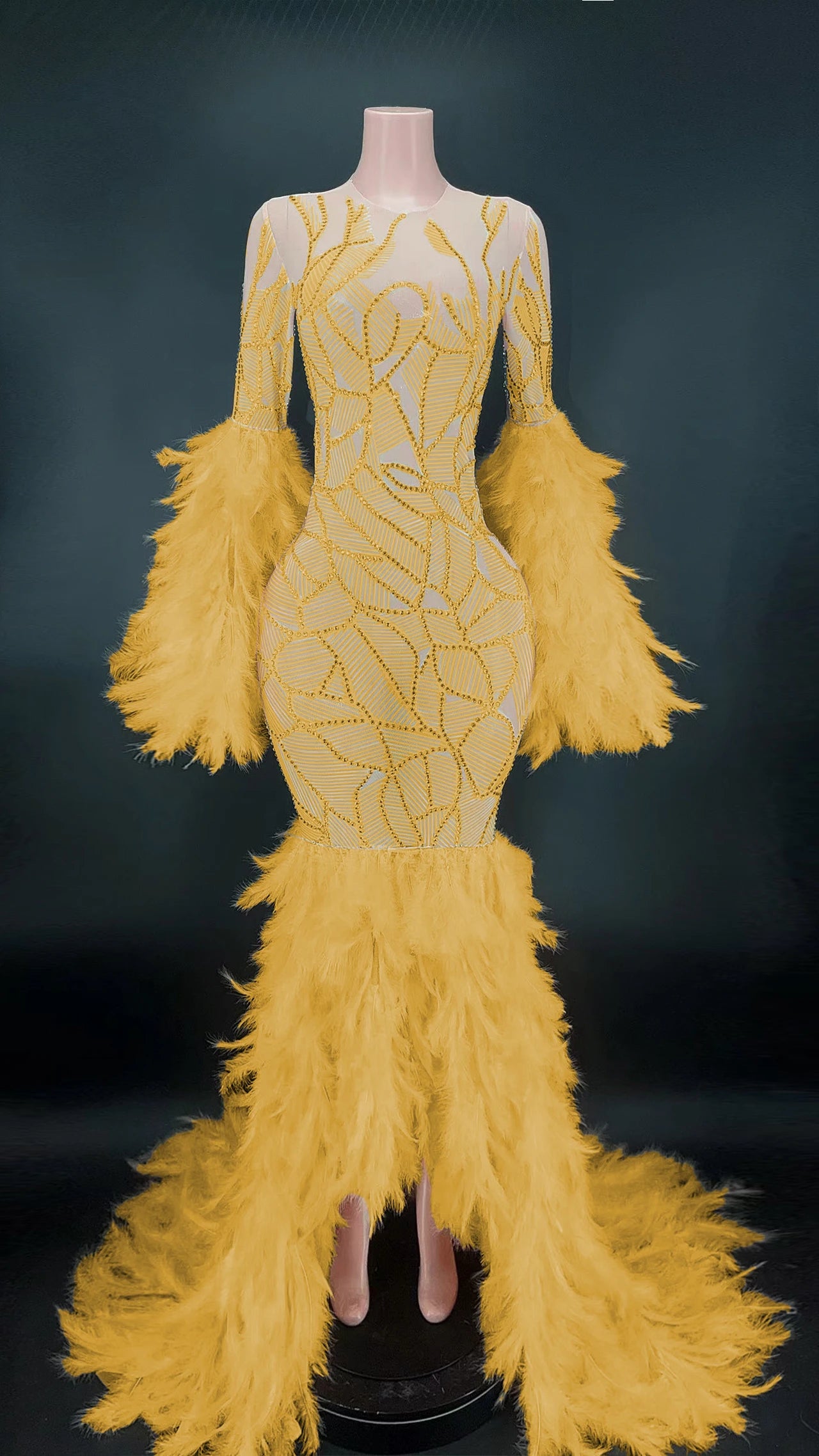 Gorgeous Feathers Shining Diamonds Mermaid Floor Length Evening Dress Woman Brithday Party Vestido Singer Stage Costume