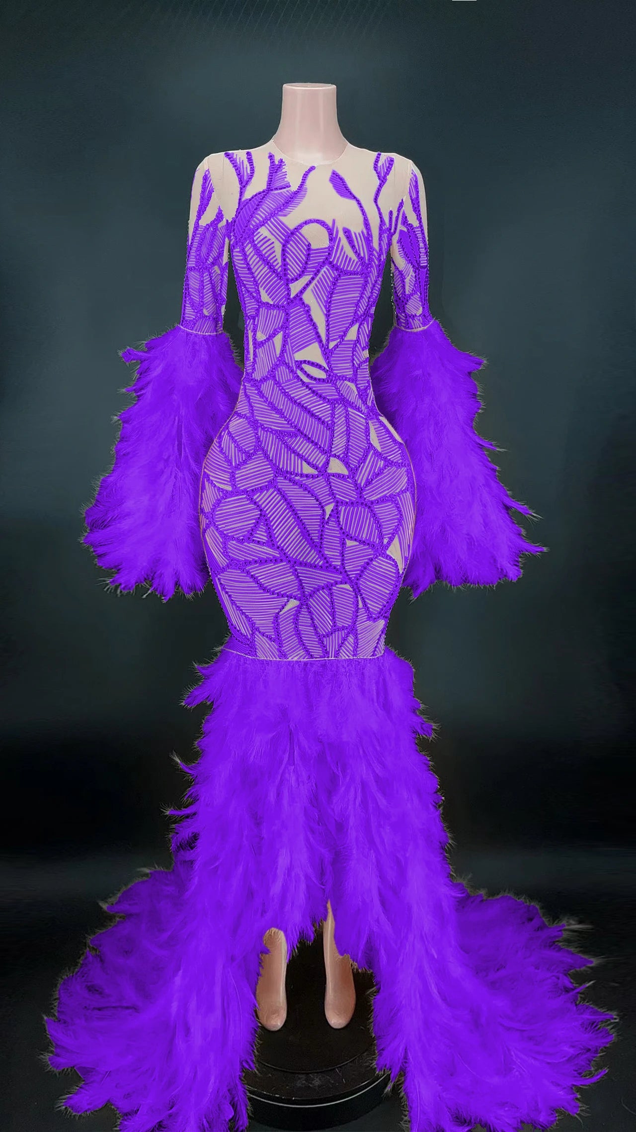 Gorgeous Feathers Shining Diamonds Mermaid Floor Length Evening Dress Woman Brithday Party Vestido Singer Stage Costume