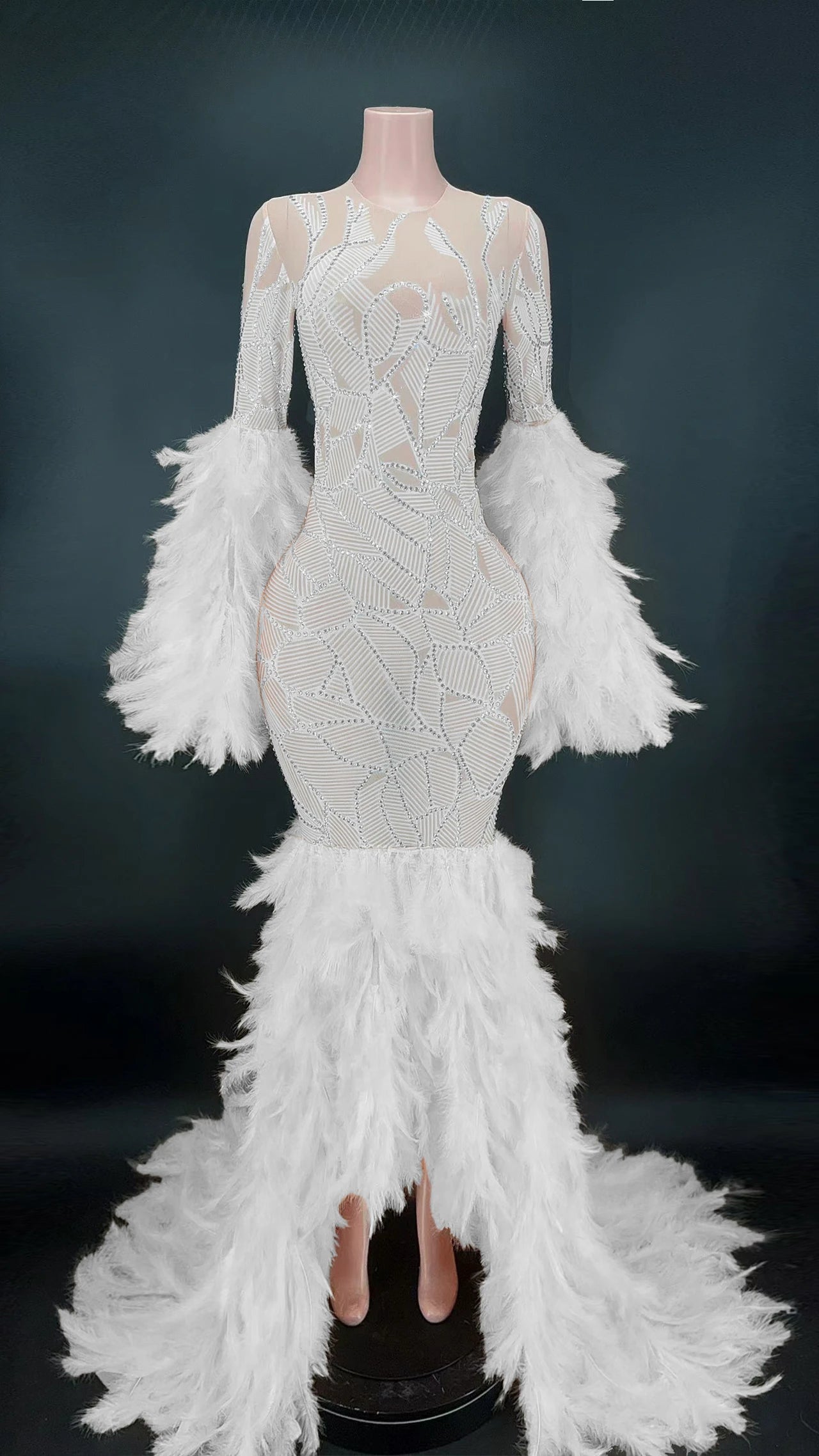 Gorgeous Feathers Shining Diamonds Mermaid Floor Length Evening Dress Woman Brithday Party Vestido Singer Stage Costume