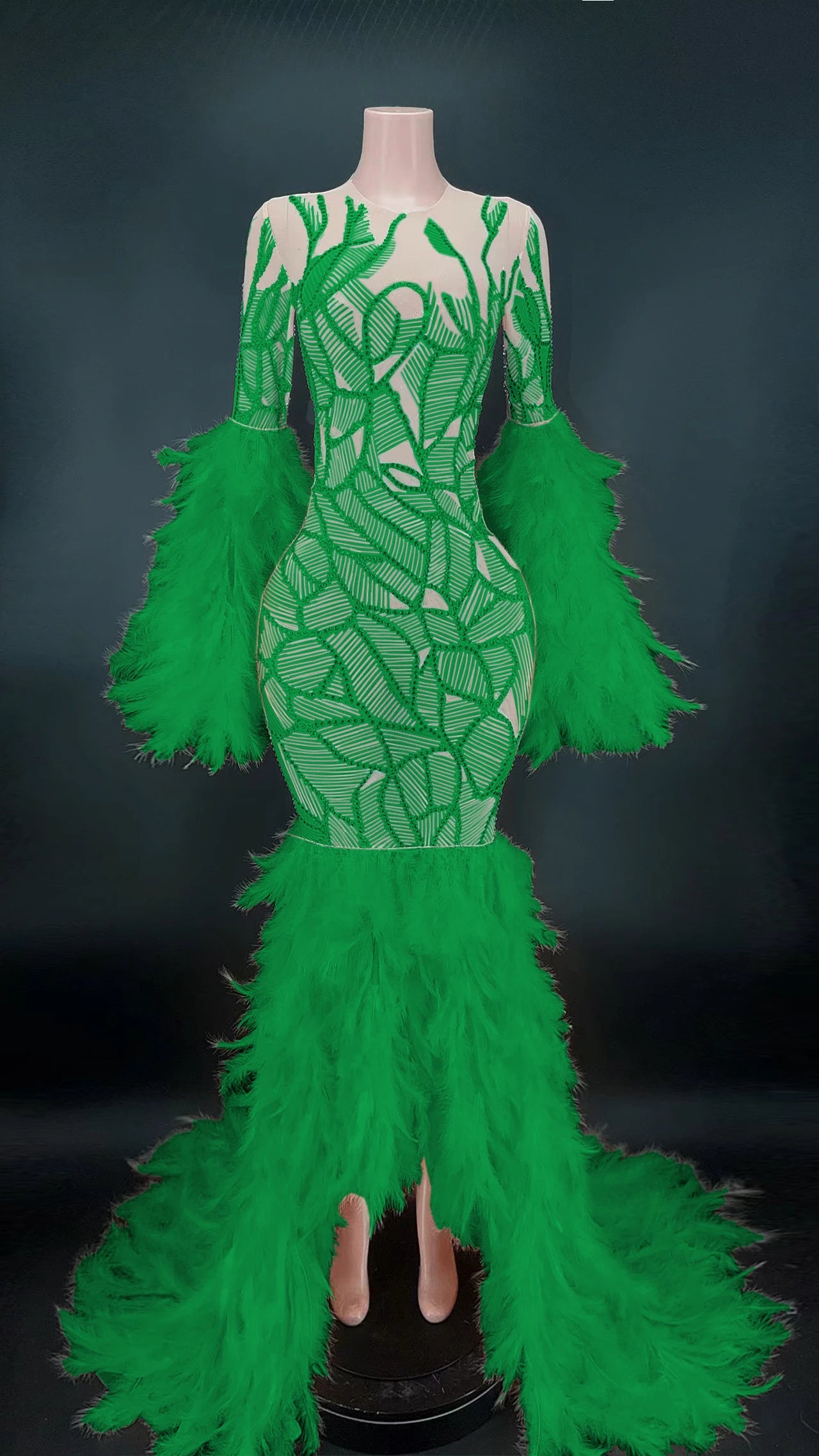 Gorgeous Feathers Shining Diamonds Mermaid Floor Length Evening Dress Woman Brithday Party Vestido Singer Stage Costume