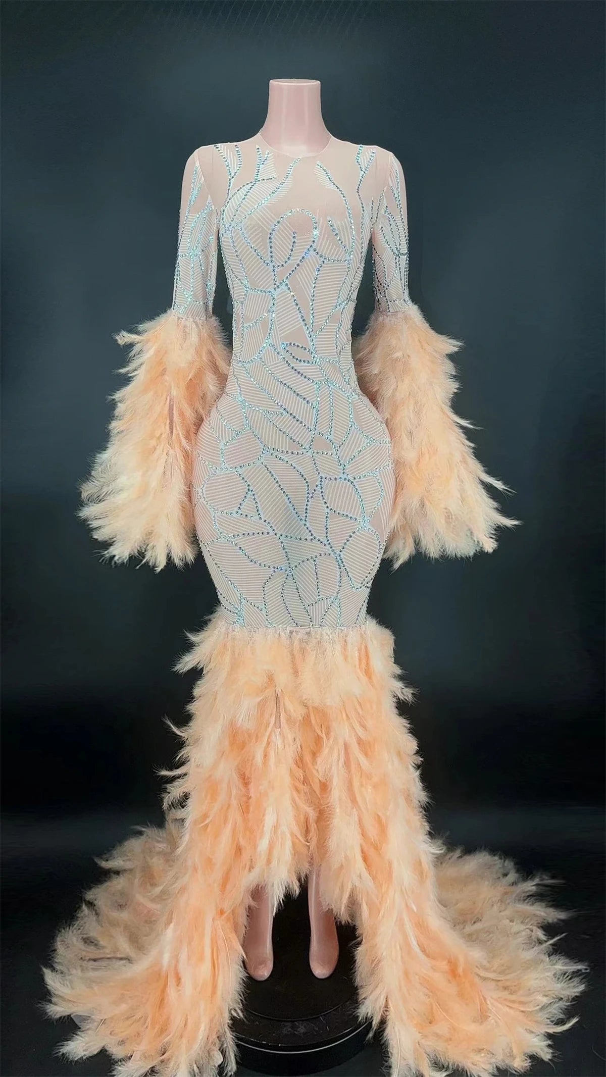 Gorgeous Feathers Shining Diamonds Mermaid Floor Length Evening Dress Woman Brithday Party Vestido Singer Stage Costume