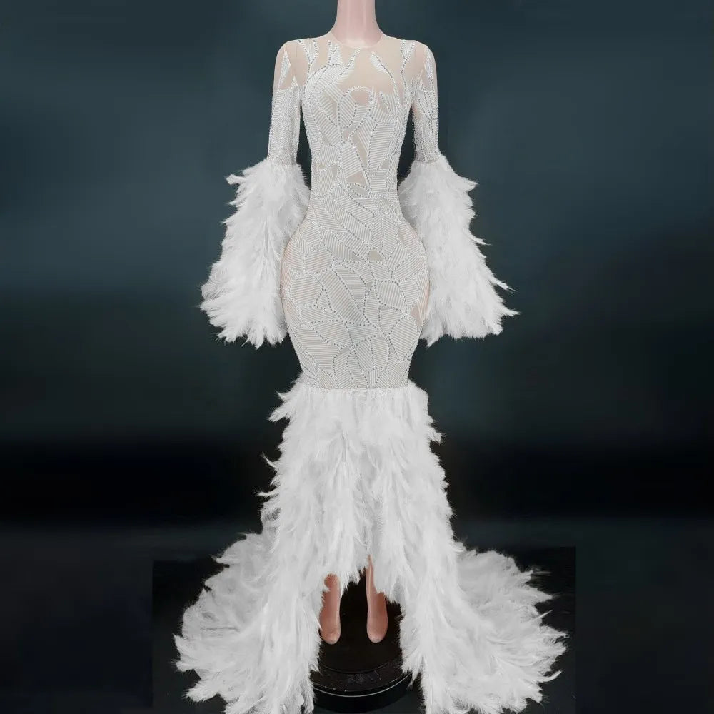 Gorgeous Feathers Shining Diamonds Mermaid Floor Length Evening Dress Woman Brithday Party Vestido Singer Stage Costume