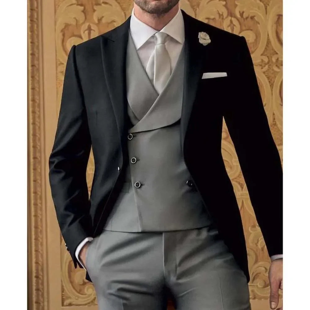 Peak Lapel Suit 3 Piece Formal Business Causal Groom Wedding Tuxedo Full Men's Suit Slim Fit (Blazer+Vest+Pants)