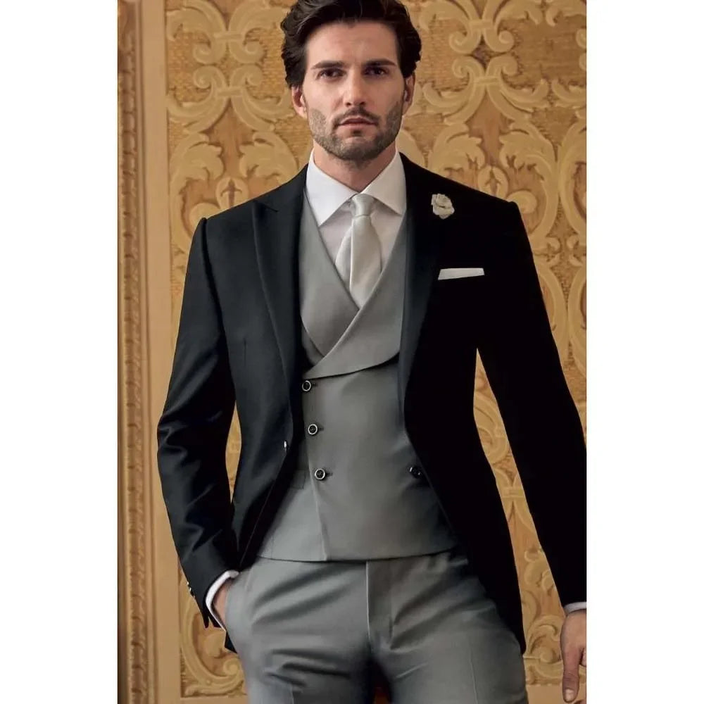 Peak Lapel Suit 3 Piece Formal Business Causal Groom Wedding Tuxedo Full Men's Suit Slim Fit (Blazer+Vest+Pants)