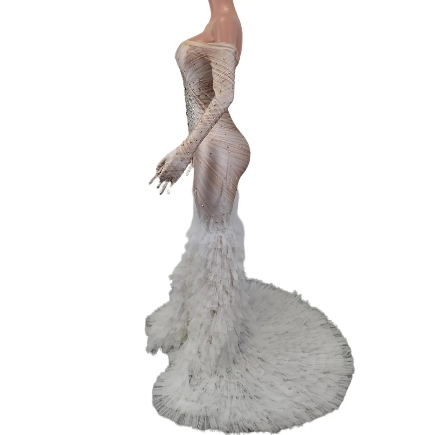 Mermaid Sparkly Crystals White Mesh Tail Dress Formal Gowns