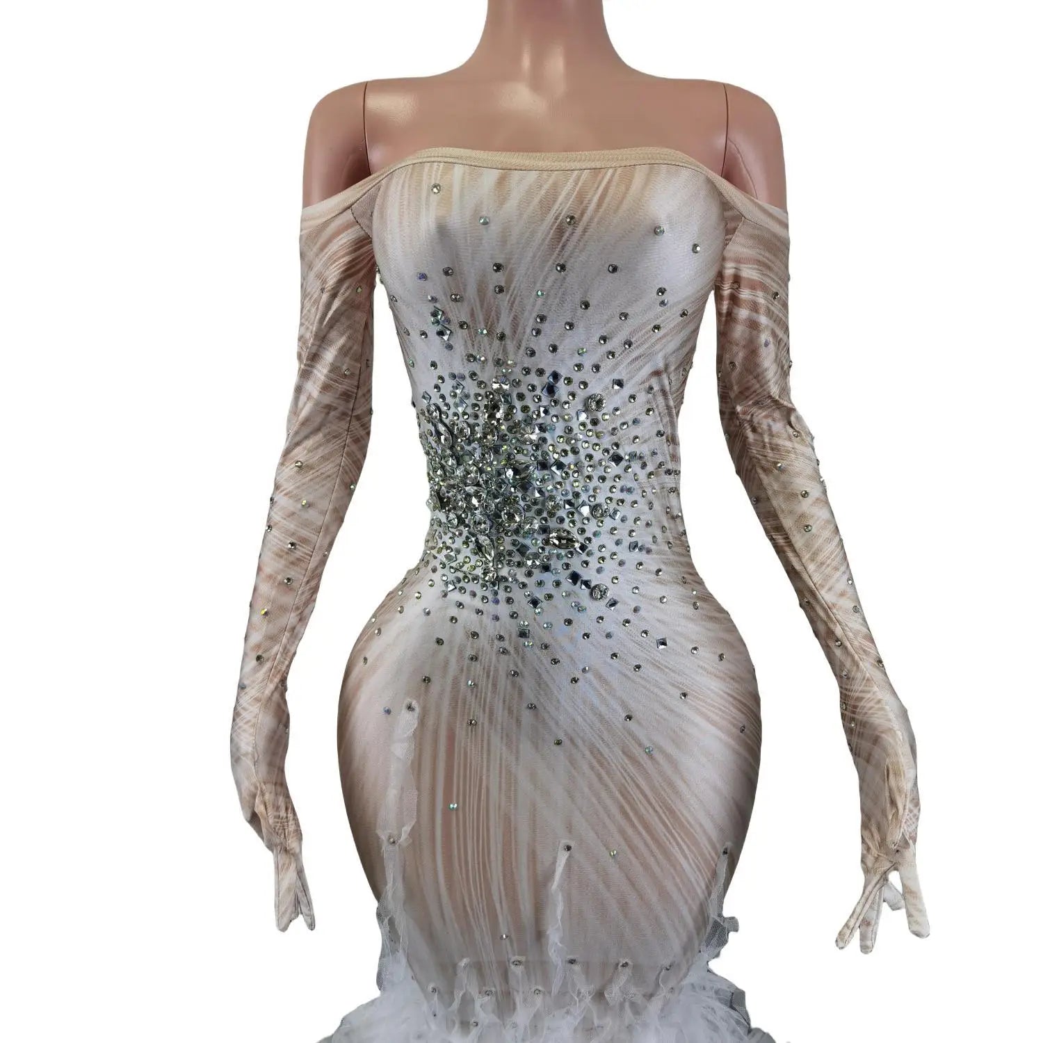 Mermaid Sparkly Crystals White Mesh Tail Dress Formal Gowns