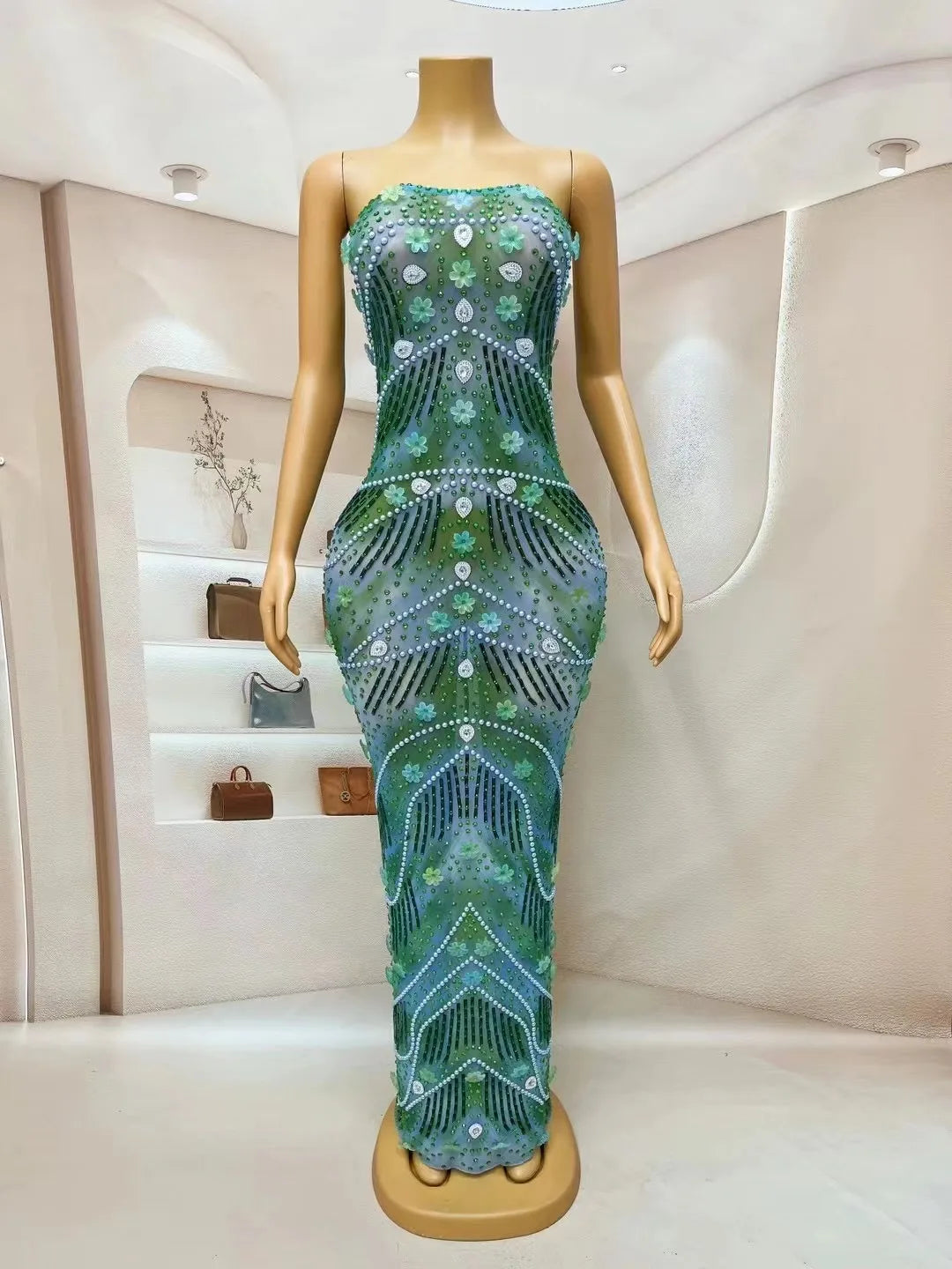 Green Blue Rhinestones Flower Dress Birthday Celebrate Evening Club Dance Costume Sexy Stage Team Performance Photoshoot Dress