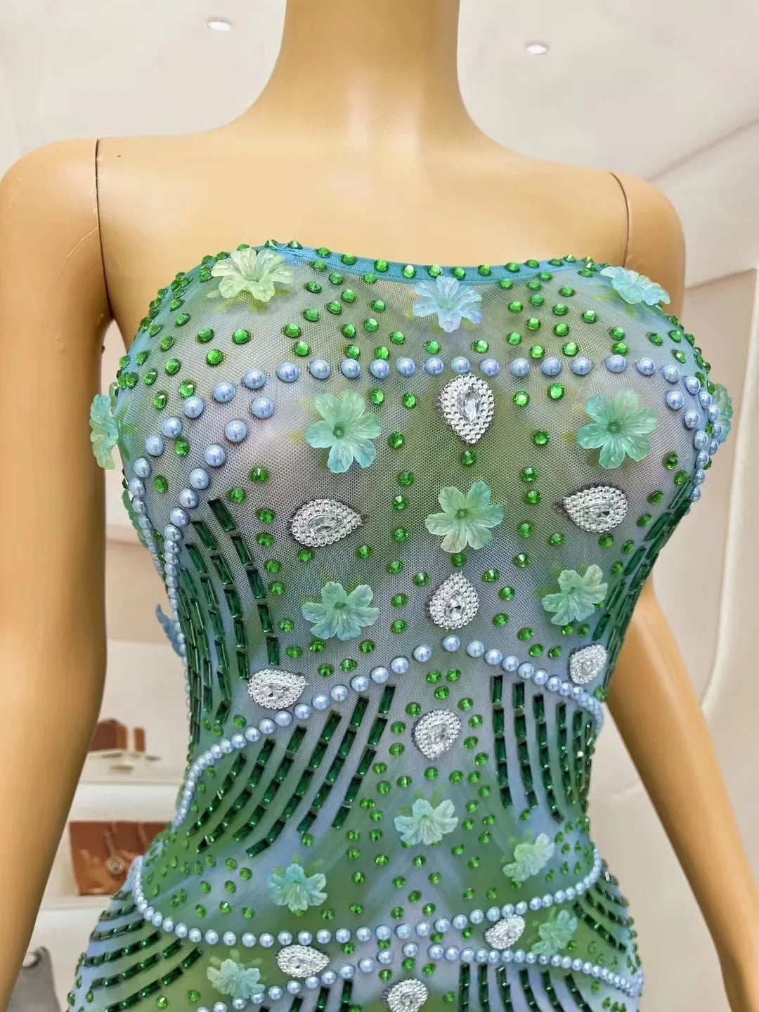 Green Blue Rhinestones Flower Dress Birthday Celebrate Evening Club Dance Costume Sexy Stage Team Performance Photoshoot Dress