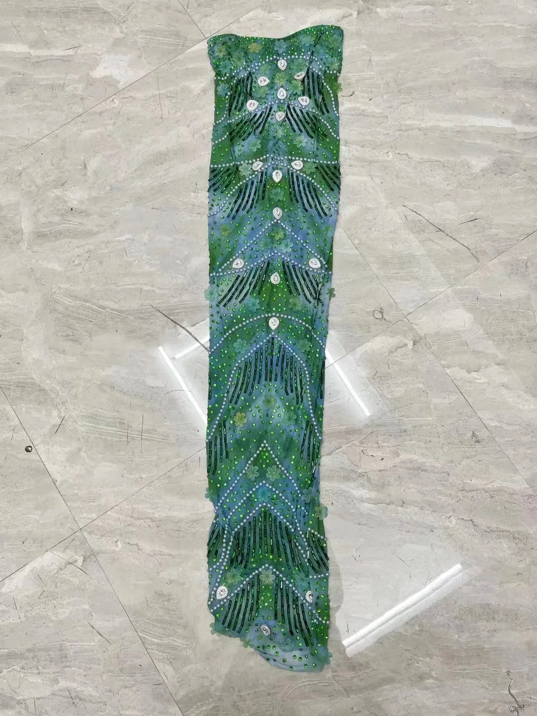 Green Blue Rhinestones Flower Dress Birthday Celebrate Evening Club Dance Costume Sexy Stage Team Performance Photoshoot Dress