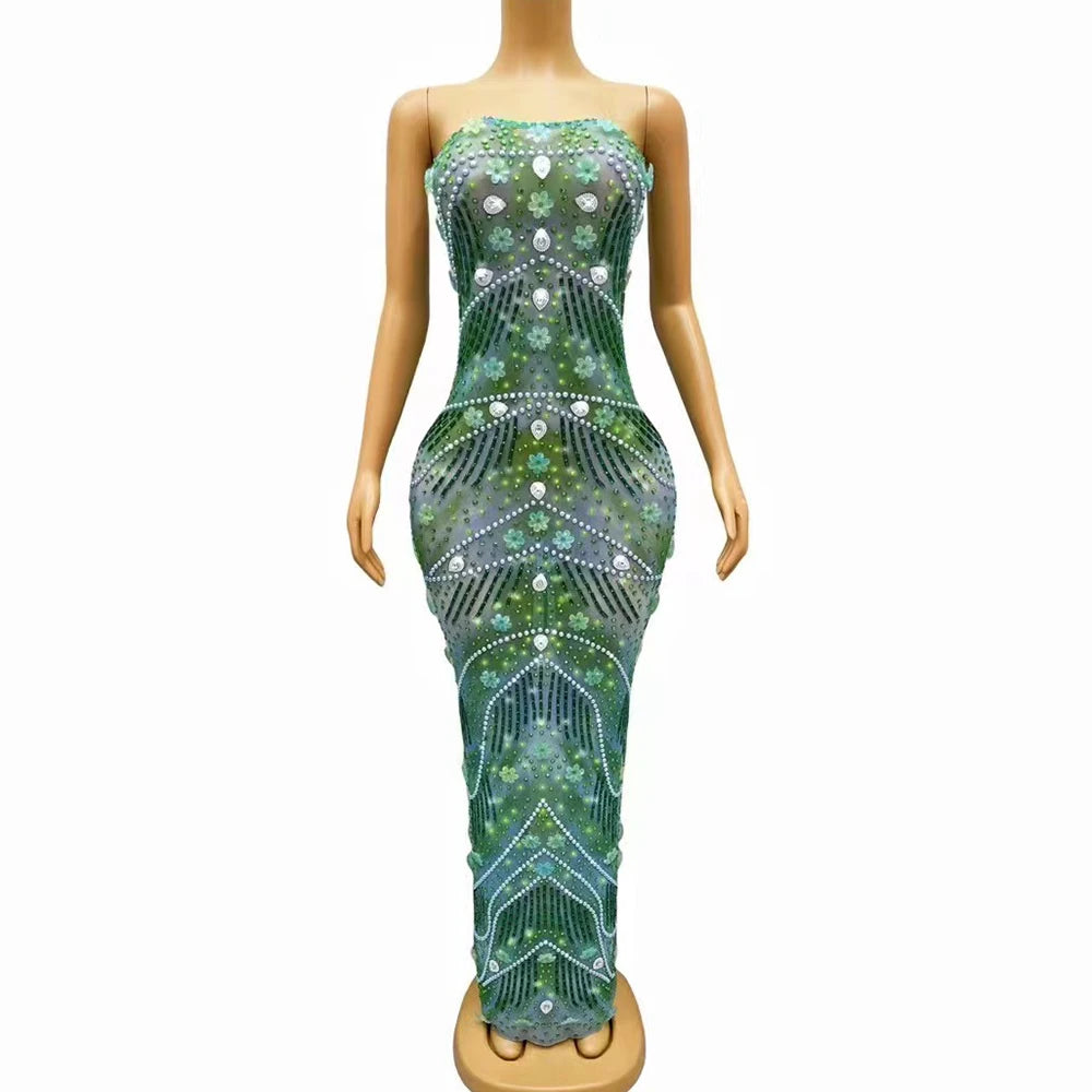 Green Blue Rhinestones Flower Dress Birthday Celebrate Evening Club Dance Costume Sexy Stage Team Performance Photoshoot Dress