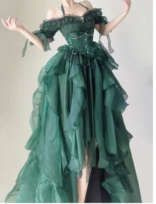 Green Flower Wedding Dress Cos Lolita Dress Op Dress Lolita Heavy Industry Trail Puffy Princess Dress, Lolita Cosplay