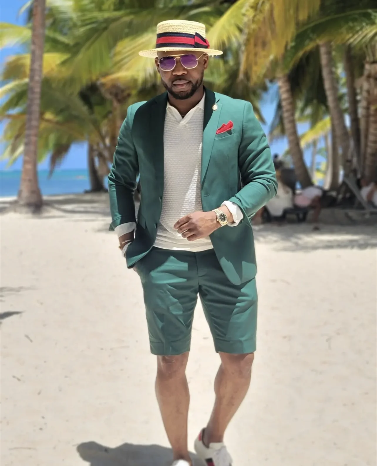 Green Men's Suit Tuxedo Summer Notched Lapel Blazer with Short Pants Custom Made Beach Slim Fit 2 Piece Casual Set