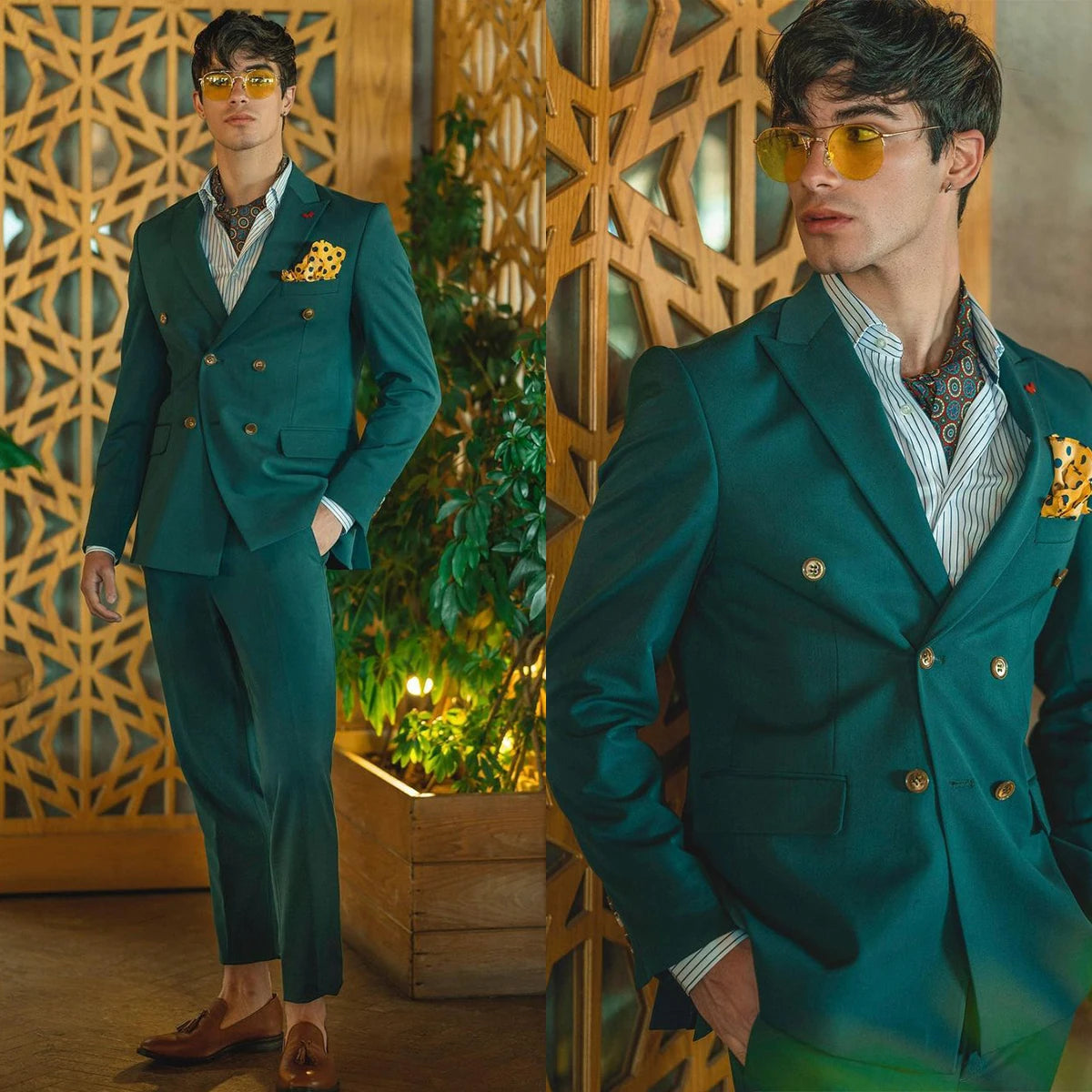 Green Men Tuxedos Double Breasted Jacket Pants Set Wedding Groom Peaked Lapel Business Blazer 2 Pieces