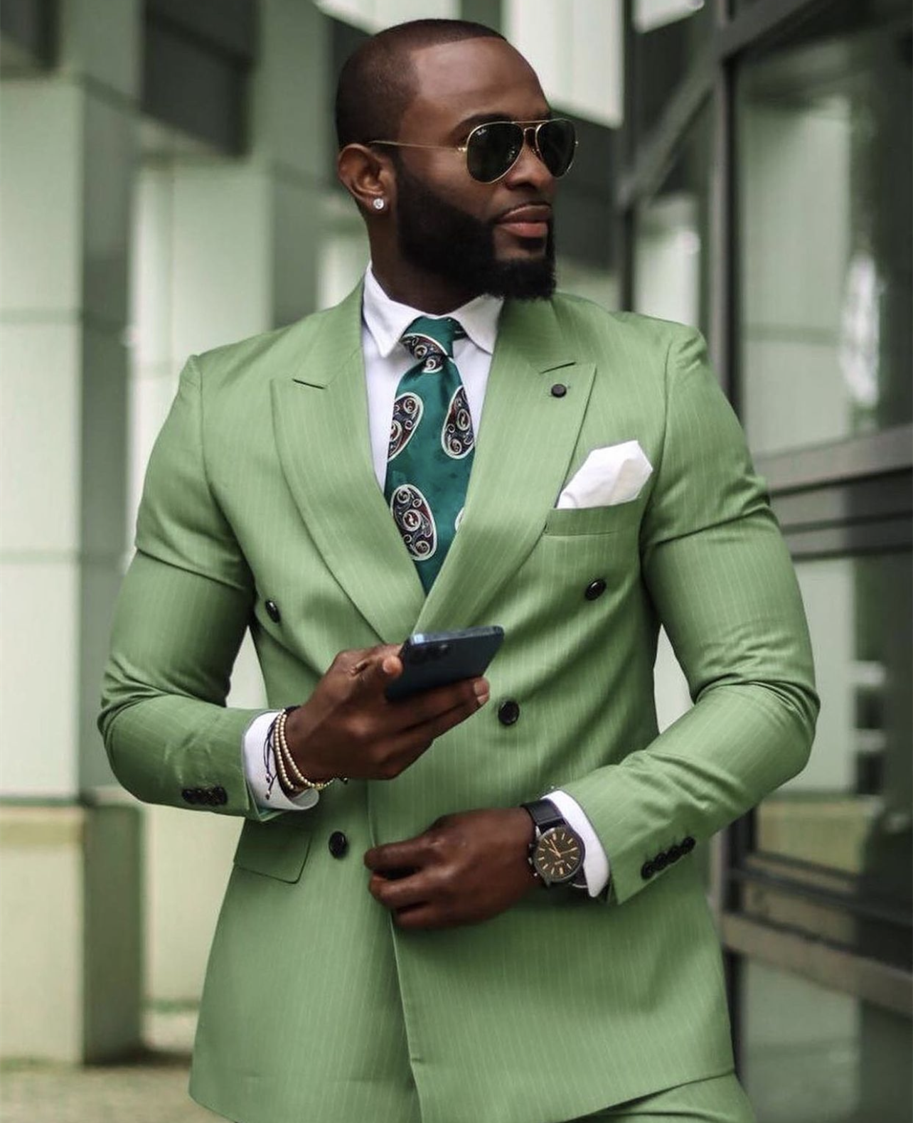 Green Pinstripe Men Suits Slim Fit 2 Piece Double-Breasted Wedding Formal Groom Wear/Classic Striped Set Men'S Blazer Pants