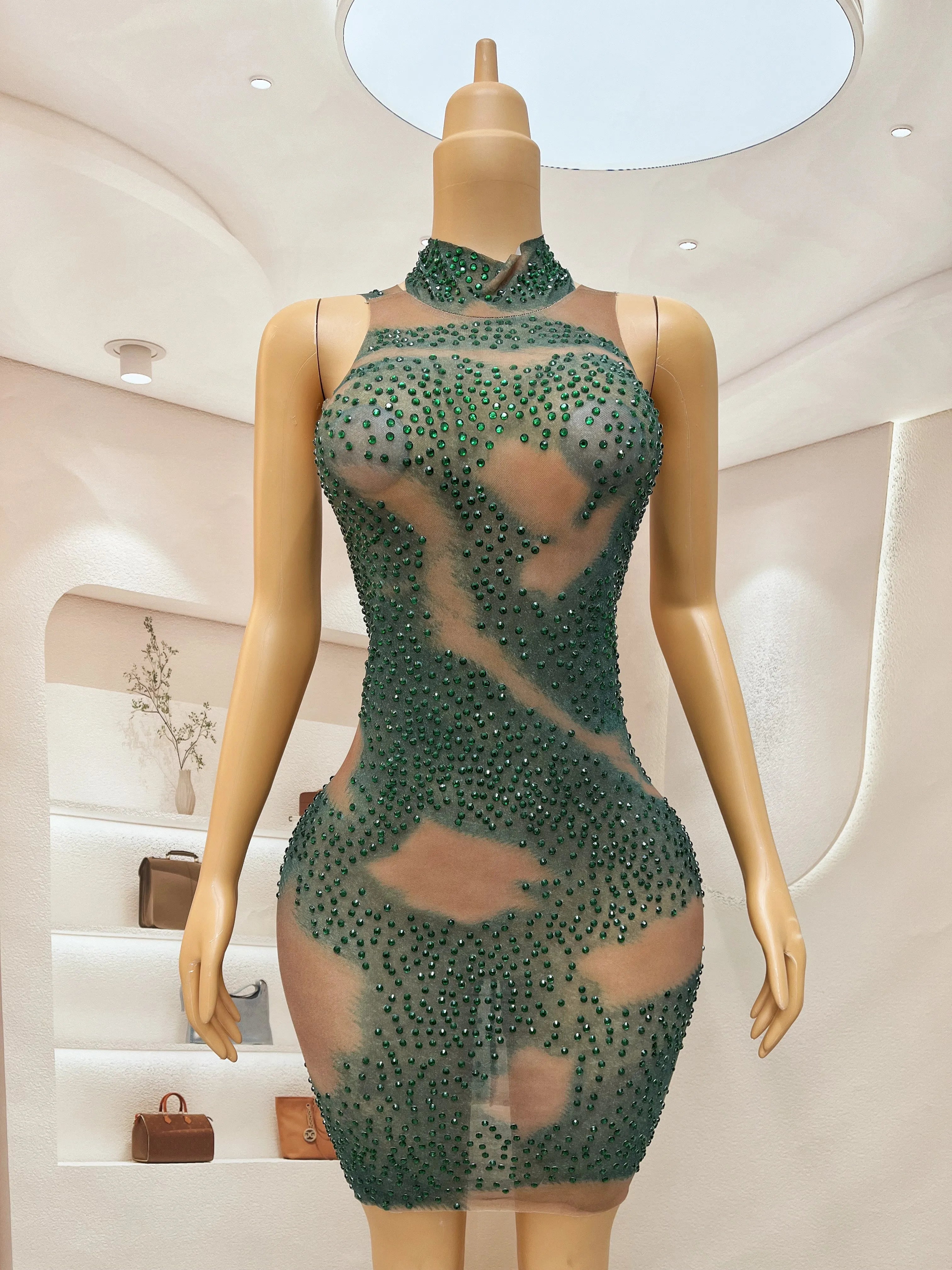 Green Rhinestones Dress Mesh Transparent Designed Evening Birthday Celebrate Costume Performance Dance Sexy Outfit