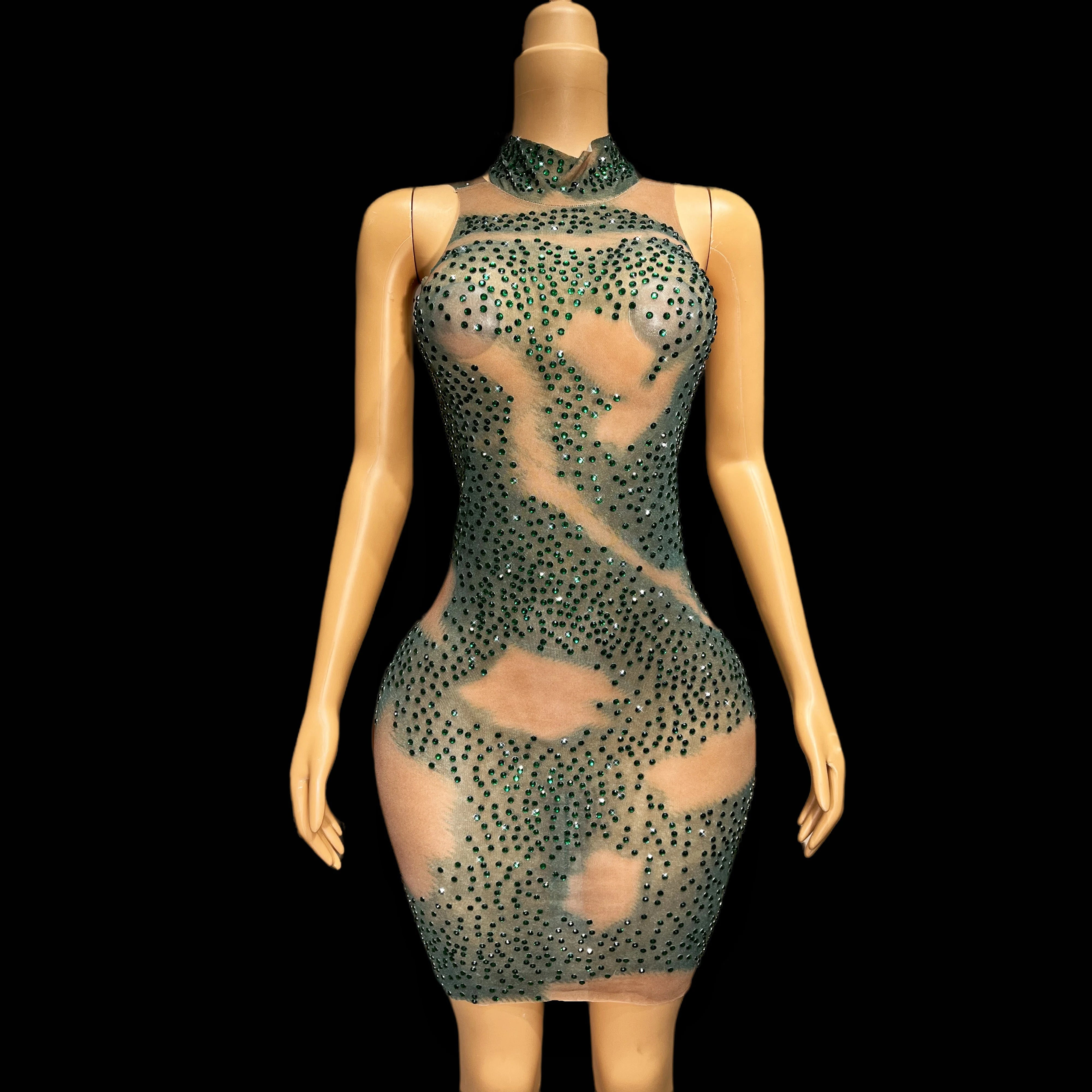 Green Rhinestones Dress Mesh Transparent Designed Evening Birthday Celebrate Costume Performance Dance Sexy Outfit