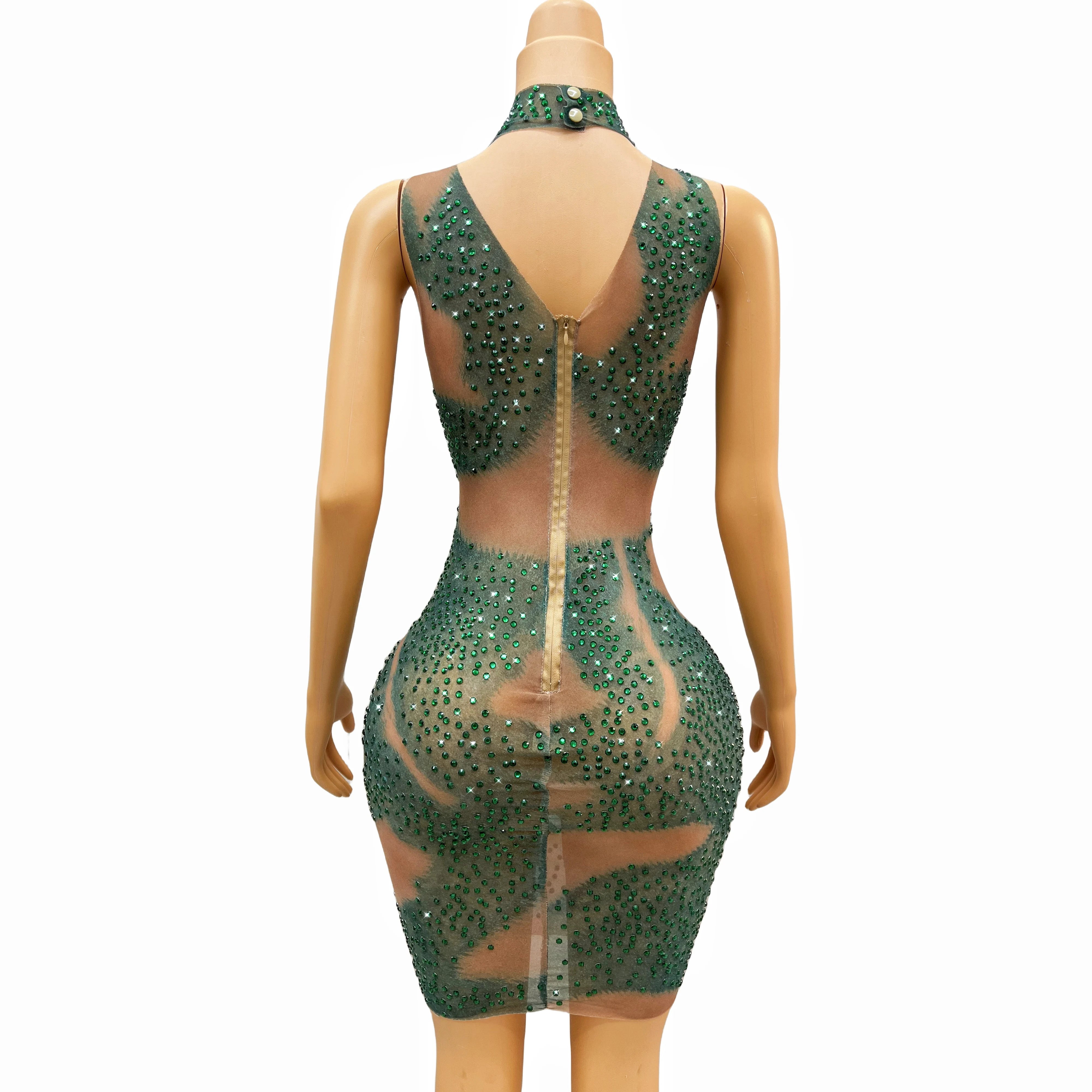 Green Rhinestones Dress Mesh Transparent Designed Evening Birthday Celebrate Costume Performance Dance Sexy Outfit