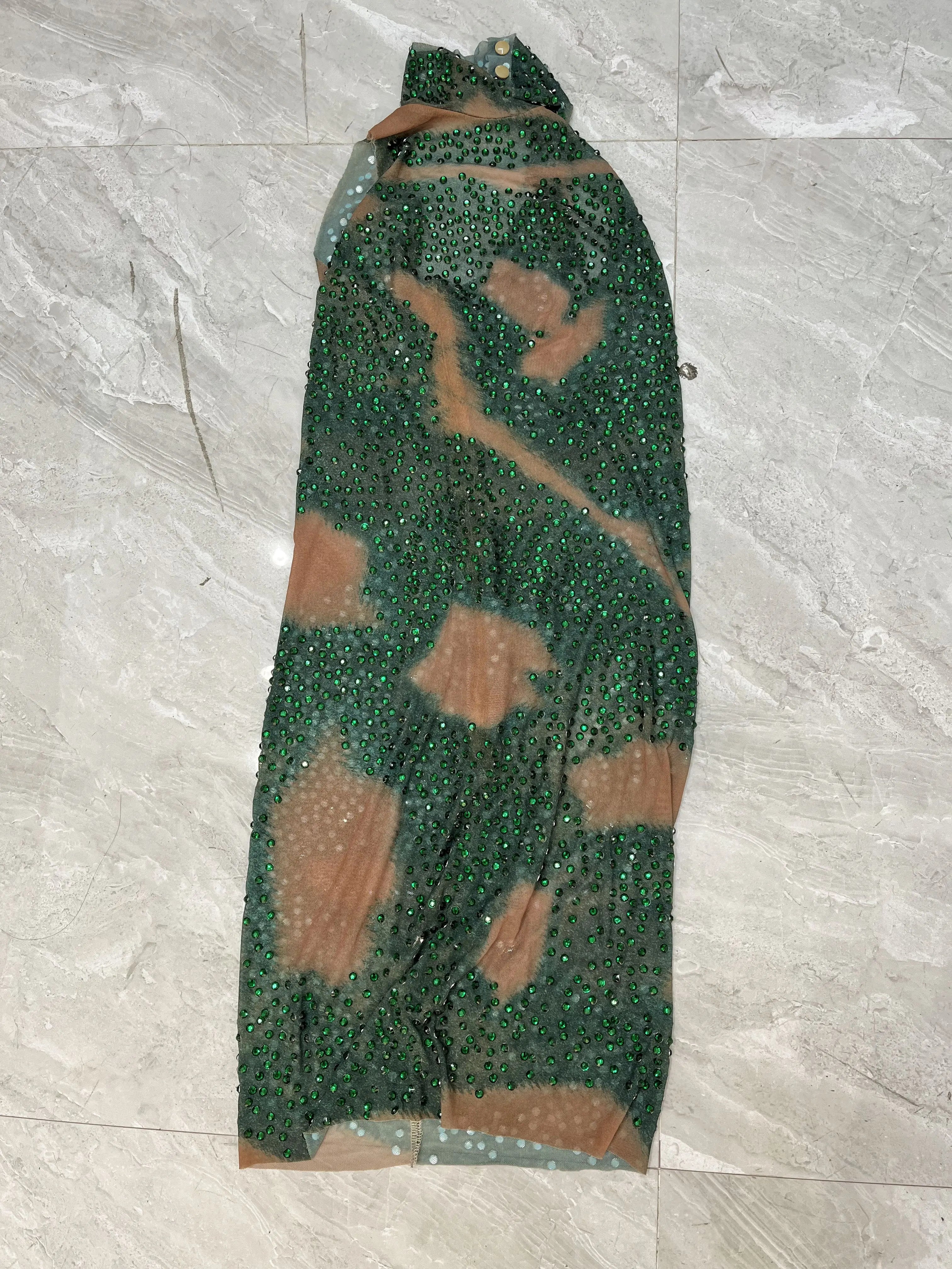 Green Rhinestones Dress Mesh Transparent Designed Evening Birthday Celebrate Costume Performance Dance Sexy Outfit