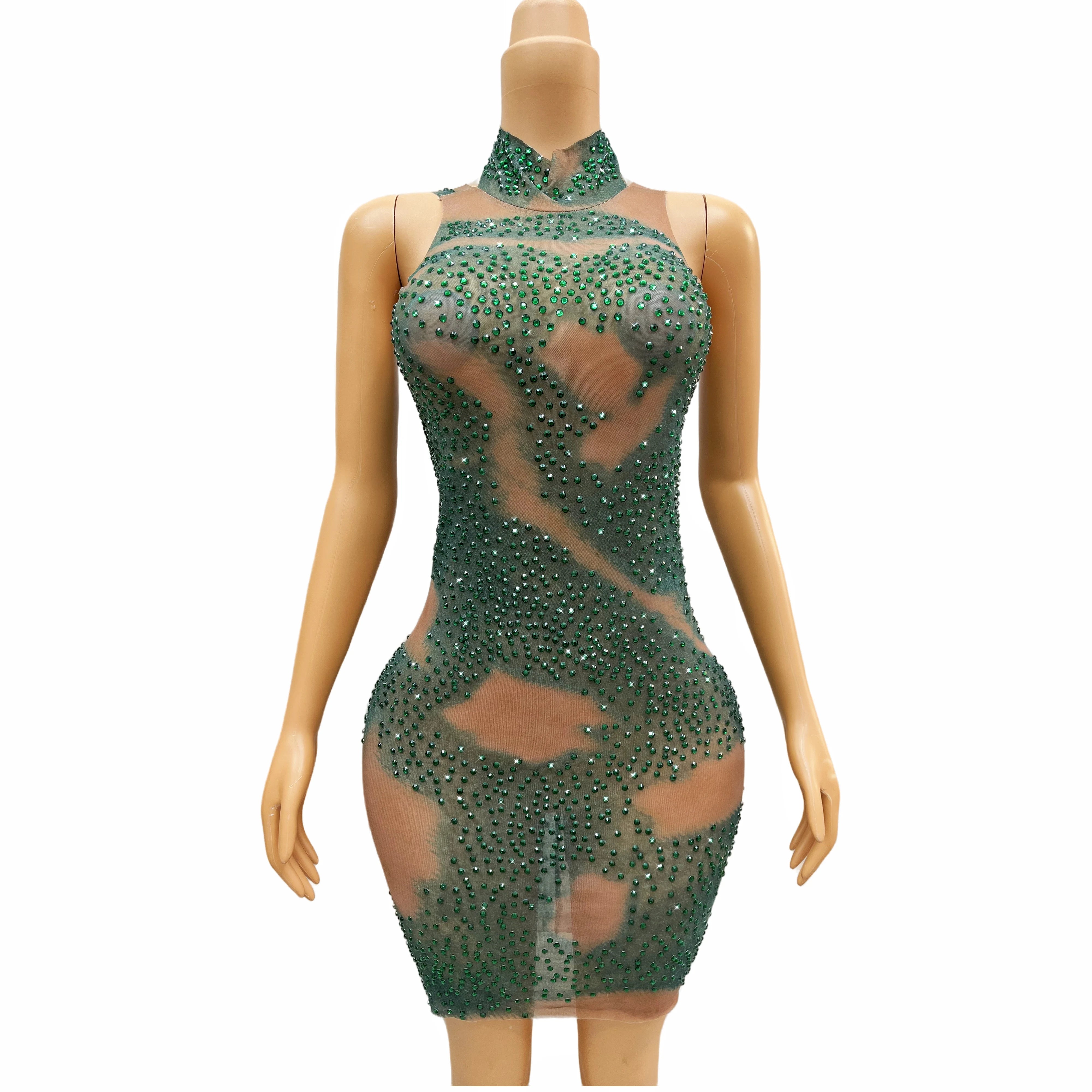 Green Rhinestones Dress Mesh Transparent Designed Evening Birthday Celebrate Costume Performance Dance Sexy Outfit