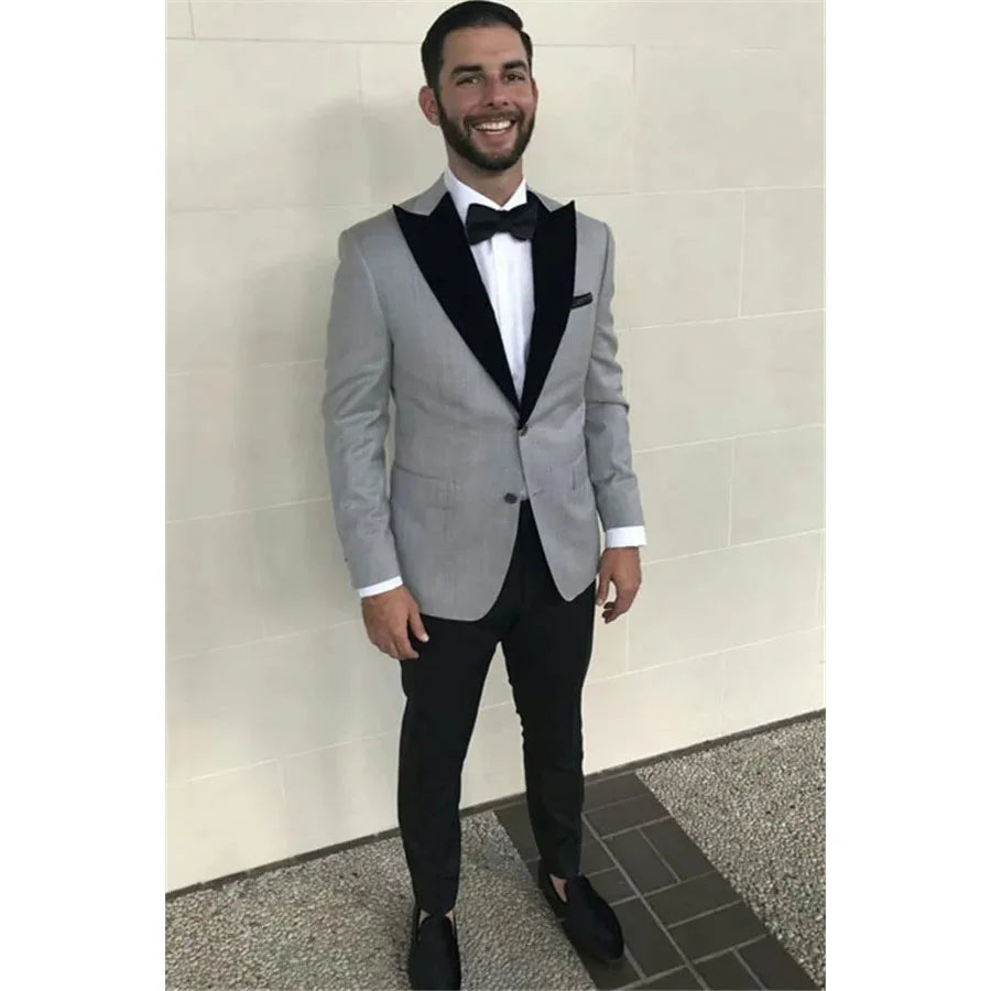 Grey Suits for Men Wedding Full Set Single Breasted Black Peaked Lapel Blazer Formal 2 Piece Jacket Pants Tailor-Made