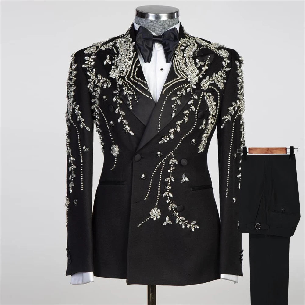 Luxury Groom Wear Wedding Suits Slim Fit Crystals Stone Beaded Prom Blazer Tailored Made Double Breasted Man Dinner Party Dress