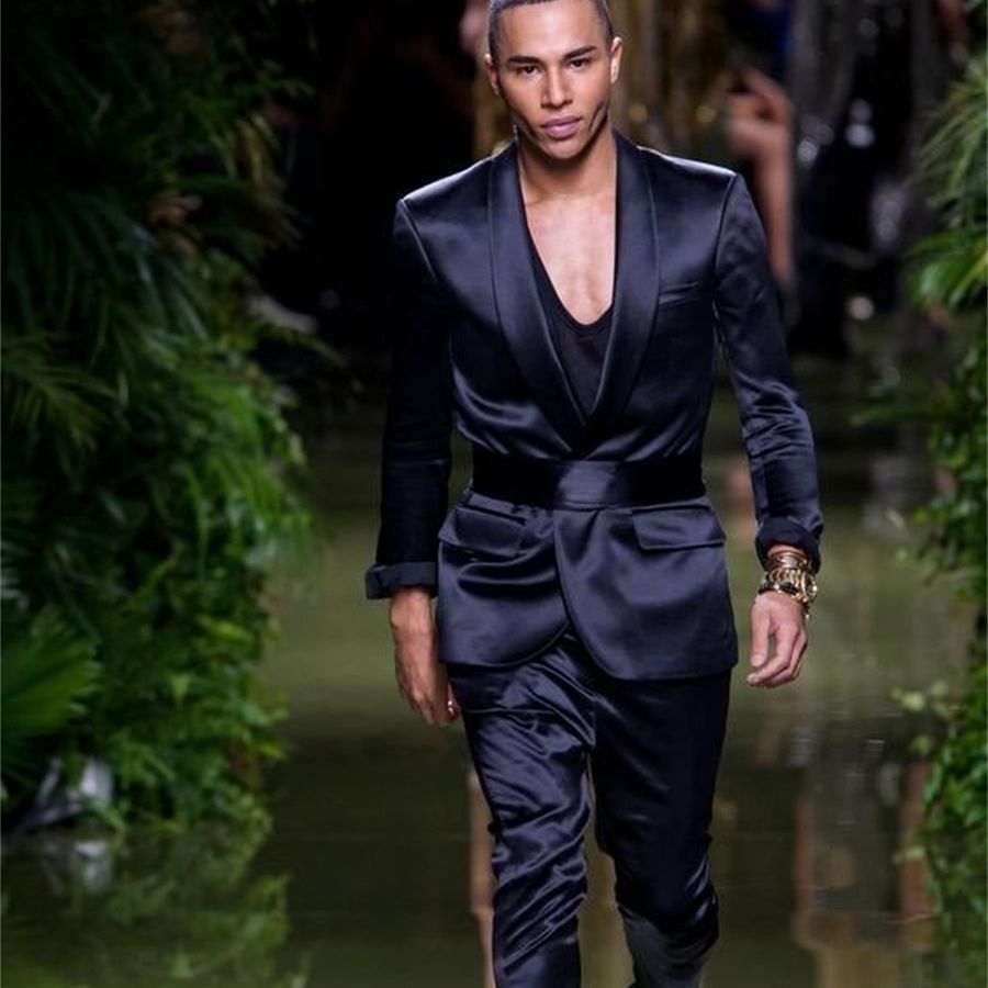 2-Piece Men Suits Silk Satin With Belt Business Best Man Peaked Lapel Blazer Suit